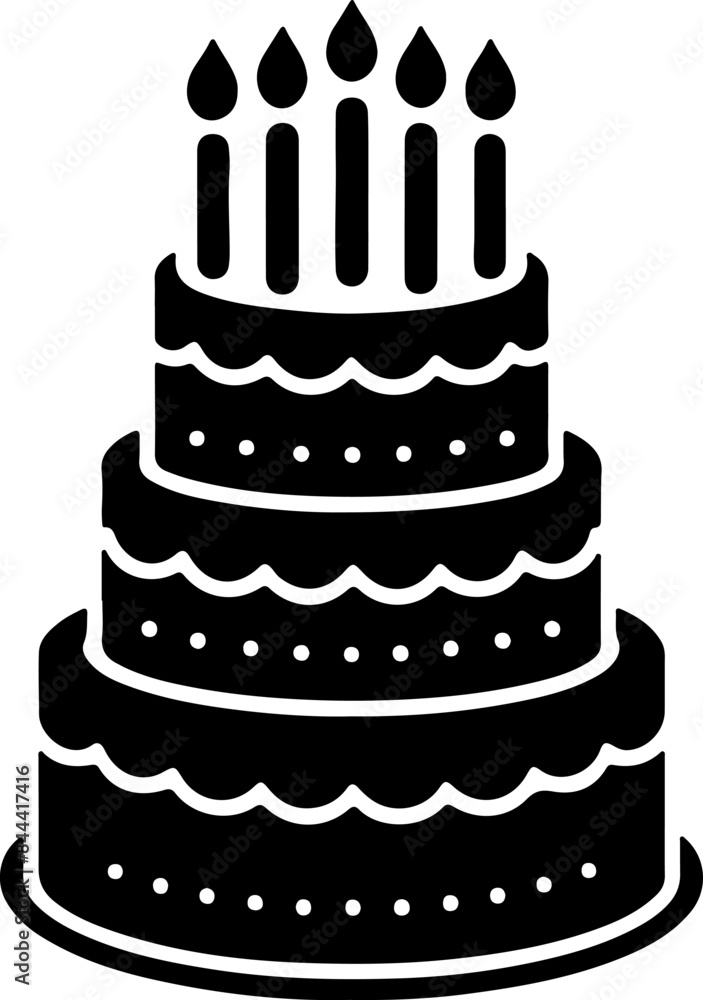 A silhouette image of a birthday cake in black. The cake should have multiple layers with candles on top, showing a classic birthday cake design. The background should be plain to highlight the black. A silhouette image of a birthday cake in black. The cake should have multiple layers with candles on top, showing a classic birthday cake design. The background should be plain to highlight the black.