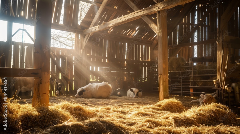 An old barn with soft hay, warm light filtering through beams, and peaceful animals, creating nostalgia.