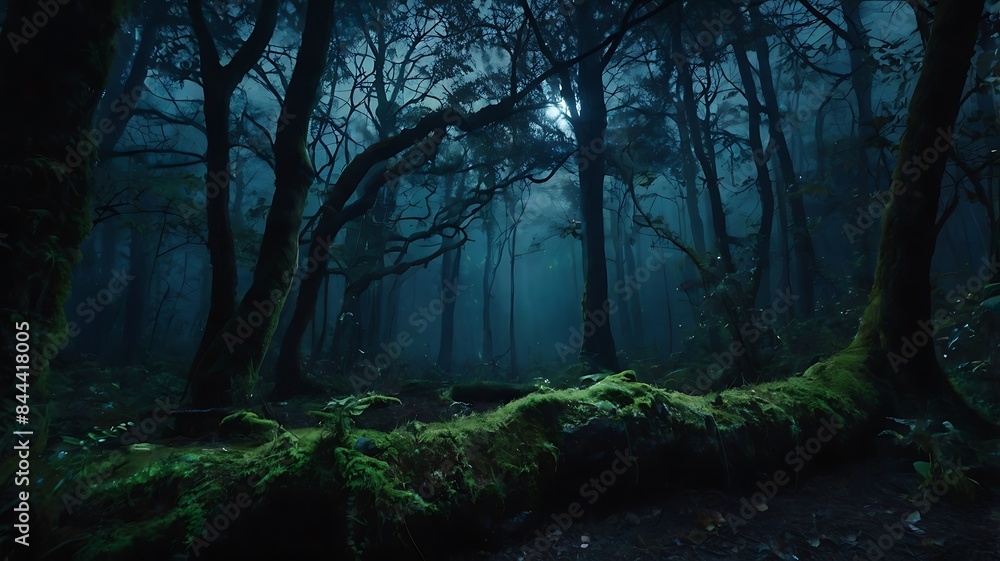 Mystical night in dark but beautiful forest full of wonder and magic essence with moon view