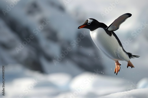 Illustration of Penguin in mid-air doing a kickflip, dynamic motion blur, snowy mountains in the background. Ai Generate. photo