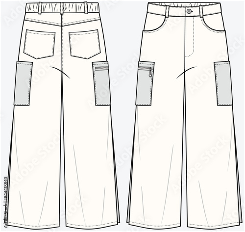 UTILITY POCKET DETAIL DENIM PANT WITH SIDE SLIT AND WIDE LEG DETAIL FASHION FLAT DESIGNED FOR TEEN GIRLS AND KID GIRLS IN VECTOR FILE