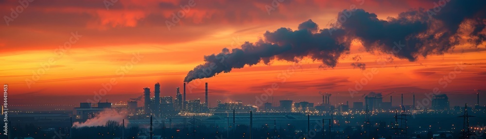 Air pollution by smoke coming out of the factory chimneys at night, carbon storage plant, Carbon capture and storage facilities, chemical refinery