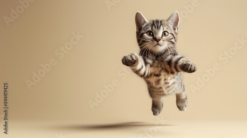 Joyful Feline Leap - Energetic Cat Mid-Air Against Plain Yellow Backdrop
