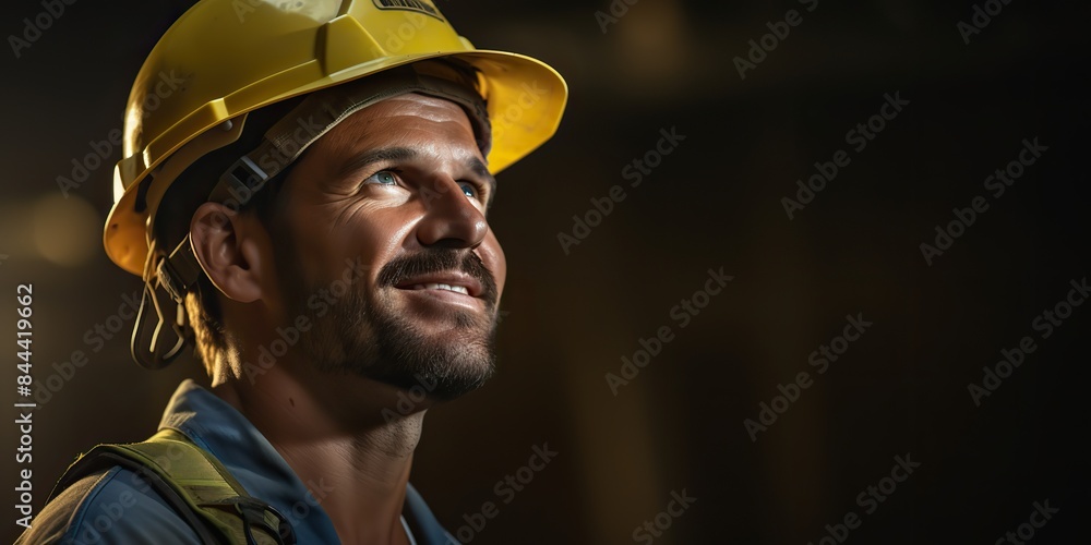 Construction worker portrait face happy but tired. Hndsome guy man looking in the camera at construction building background scene Construction worker portrait face happy but tired. Hndsome guy man looking in the camera at construction building background scene