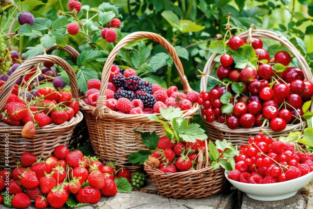 Strawberries, raspberries, and blueberries arranged in baskets on a table Strawberries, raspberries, and blueberries arranged in baskets on a table