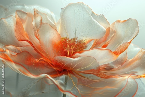 A luminous, semi-transparent flower with glowing orange edges and intricate veined petals, showcasing delicate stamens, set against a soft, light background.