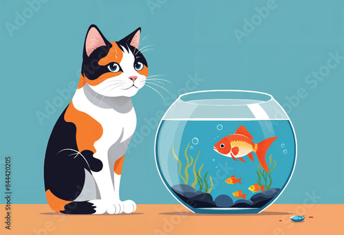 a cat sits next to a fish tank and looks at a fish