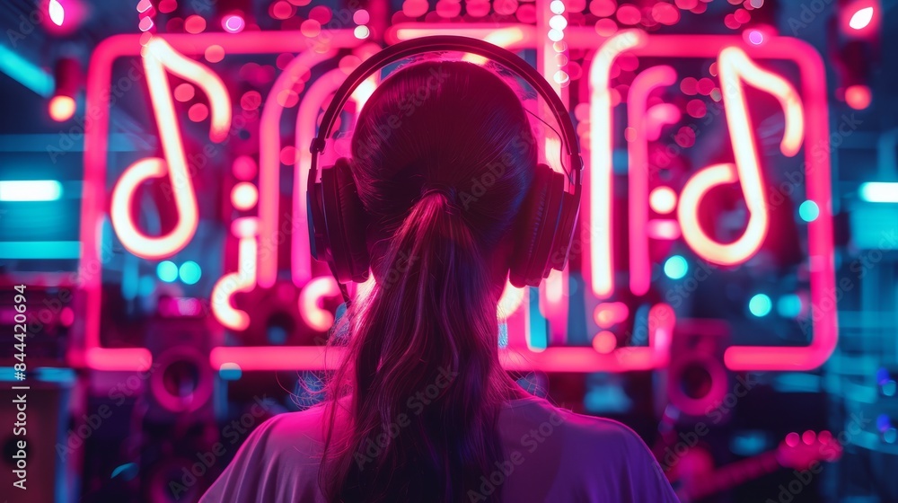 Obraz premium Enchanting composition showcasing a floating melody symbol bathed in neon lights, with a woman wearing headphones in a recording room, against a dark background, symbolizing the artistic and