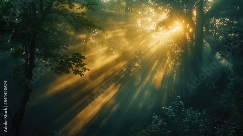 Spectacular sun rays shining through woods and tree in the dense forest. Green and lust forest on a beautiful summer day