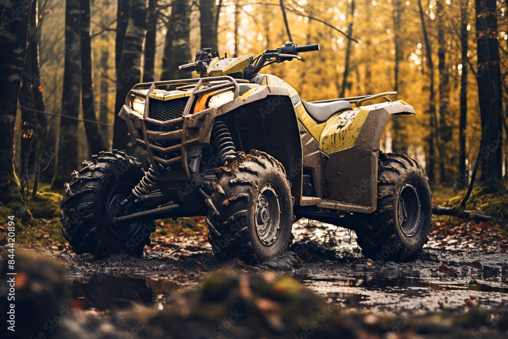 All-terrain vehicle tearing through a muddy path in a vibrant autumn woodland. All-terrain vehicle tearing through a muddy path in a vibrant autumn woodland.