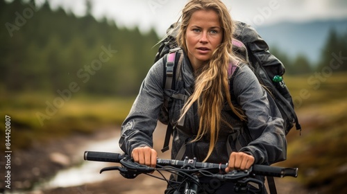 A Scandinavian-looking girl with long blonde hair, a huge backpack, and in hiking attire engages in mountain biking through forested terrain.