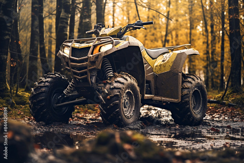 All-terrain vehicle tearing through a muddy path in a vibrant autumn woodland.