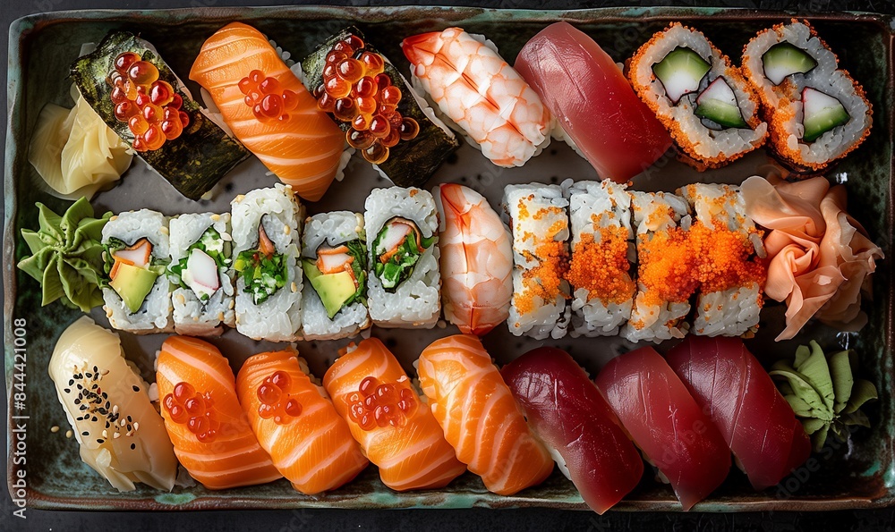 Assorted sushi, rolls big set. A variety of Japanese sushi with tuna, crab, salmon, eel and rolls. Top view Assorted sushi, rolls big set. A variety of Japanese sushi with tuna, crab, salmon, eel and rolls. Top view