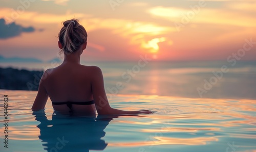 Back view, Half Naked Spa woman relaxing enjoying jacuzzi hot tub on the sunset