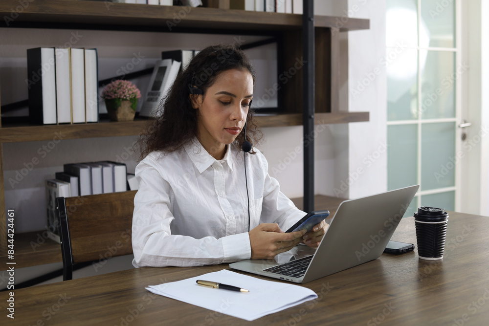 Happiness Young business woman video call meeting at desk in the office. Happiness Young business woman video call meeting at desk in the office.