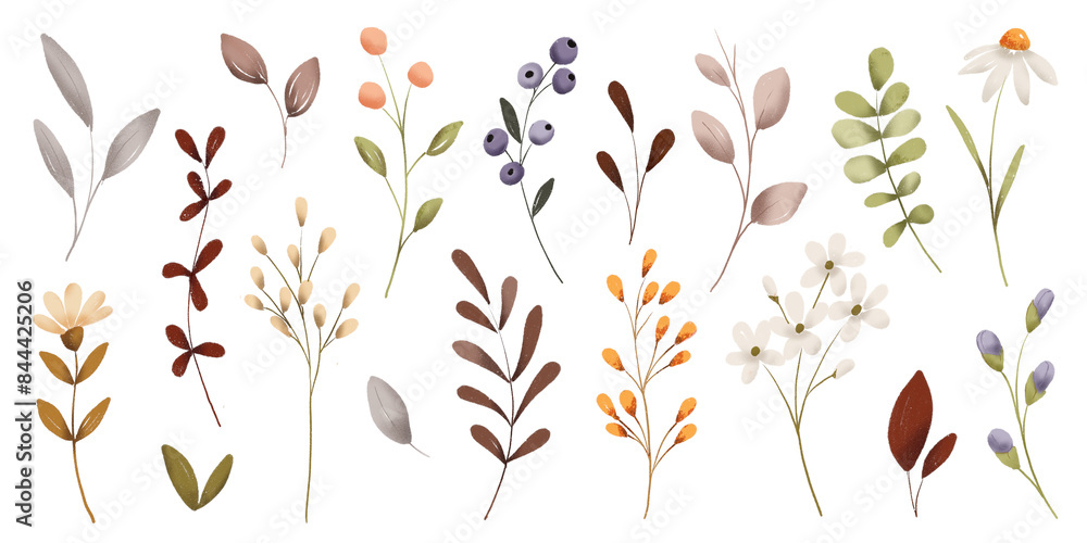 Fototapeta premium Flowers and leaves digital illustration, autumn design, watercolor hand painting. Perfectly for printing, sublimation.