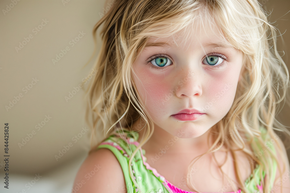 Blonde girl wearing lime green and pink dress Blonde girl wearing lime green and pink dress