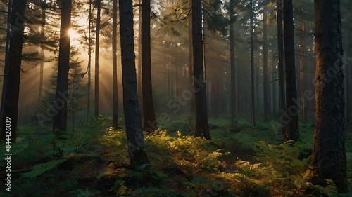 Sunrise view in a beautiful green forest landscape with long and crowded trees