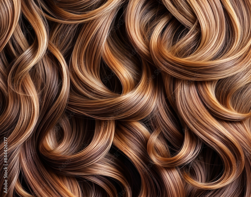 Close-up of curly, shiny brown voluminous hairs and has a healthy sheen Close-up of curly, shiny brown voluminous hairs and has a healthy sheen