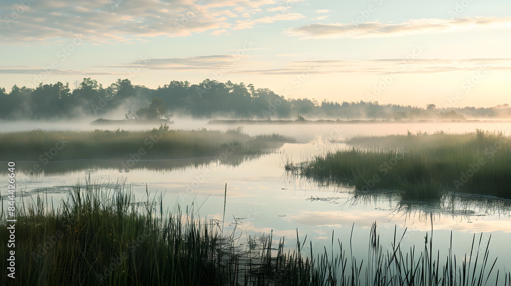 Tranquil marsh at dawn, mist curls over the calm water, creating a peaceful and serene scene. Tranquil marsh at dawn, mist curls over the calm water, creating a peaceful and serene scene.
