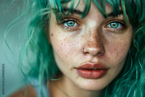 Face of model with green hair and blue eyes