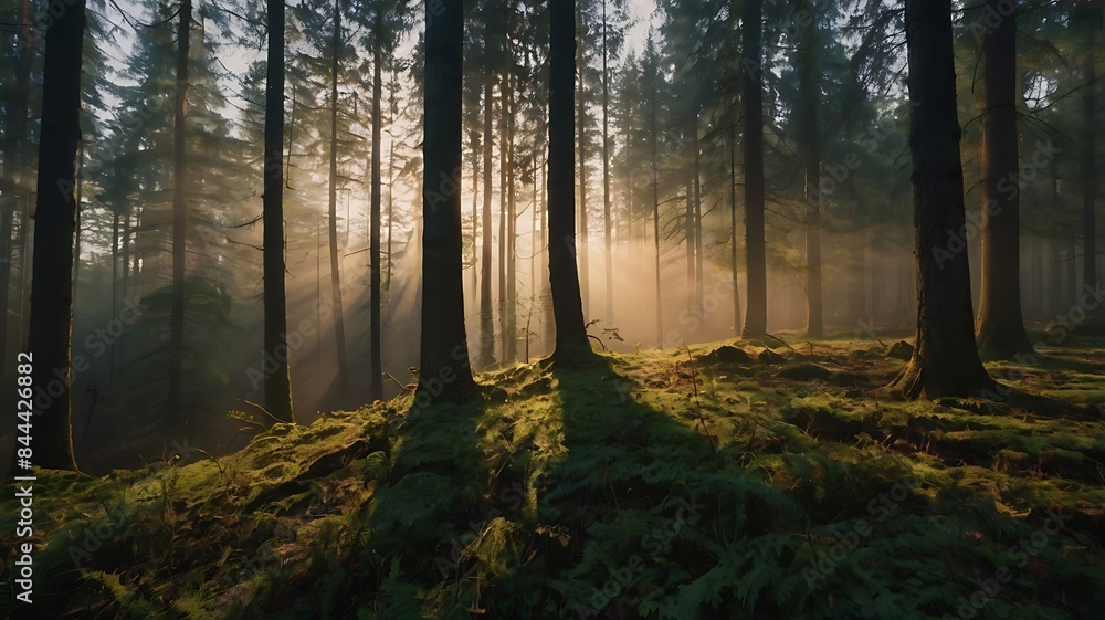 Naklejka premium Sunrise view in a beautiful green forest landscape with long and crowded trees