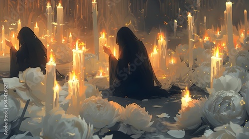 Mystical Ritual with Flickering Candles in Dimly Lit Atmosphere photo