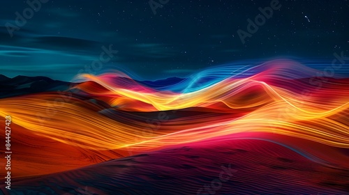 Captivating Nighttime Desert Landscape with Vibrant Multi-Colored Light Trails and Dynamic Atmospheric Effects