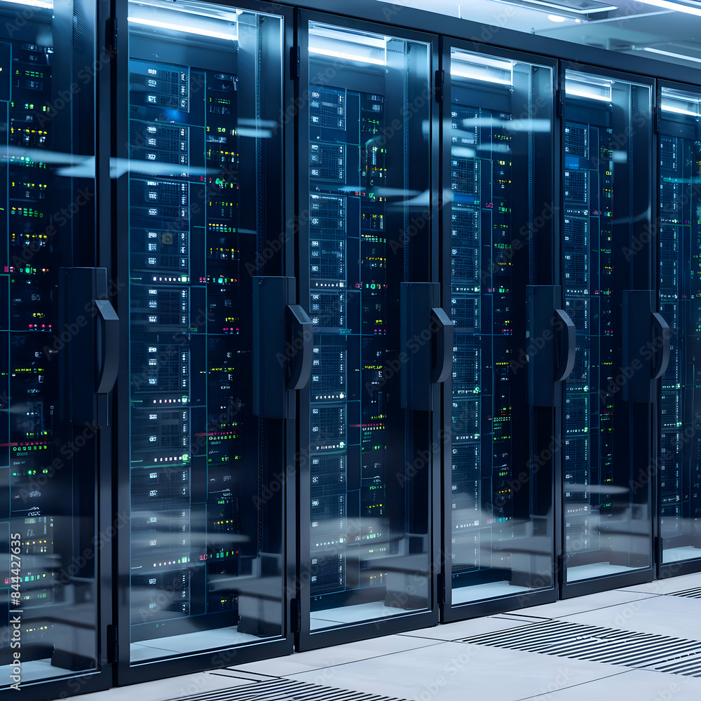 Digital information flows through the network and data servers behind glass panels in the server room of a data center or Internet service provider Digital information flows through the network and data servers behind glass panels in the server room of a data center or Internet service provider