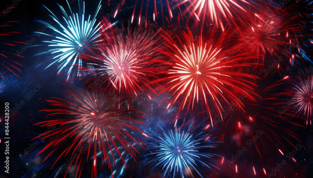 A fireworks display with red, blue, and white fireworks A fireworks display with red, blue, and white fireworks