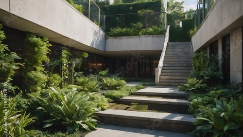 Outdoor garden with lush green plants, a small pond to the right, and a modern concrete stairway leading up to a building entrance.