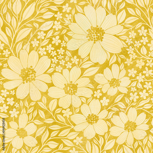 Wallpaper Mural Floral Seamless Pattern of Yellow Flowers and Leaves on Dark Yellow Backdrop with Texture, Wallpaper Design for Textiles, Papers, Prints, Fashion, Beauty Products Torontodigital.ca