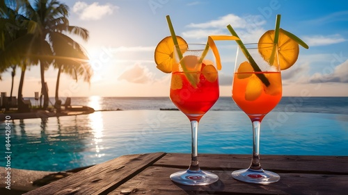 Three colorful iced drinks with straws on bar counter, summer cocktails, cool beverages, blur background.