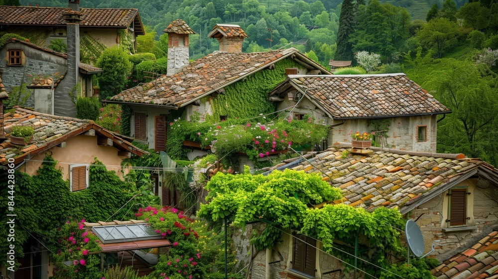 A charming rustic village with rooftops as verdant gardens, adding vibrant color to a serene community. A charming rustic village with rooftops as verdant gardens, adding vibrant color to a serene community.