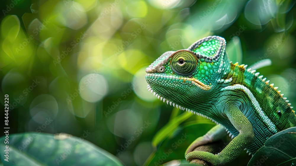 Close-up of a vibrant green chameleon in its natural habitat, blending into lush foliage with detailed texture and vivid colors. Close-up of a vibrant green chameleon in its natural habitat, blending into lush foliage with detailed texture and vivid colors.
