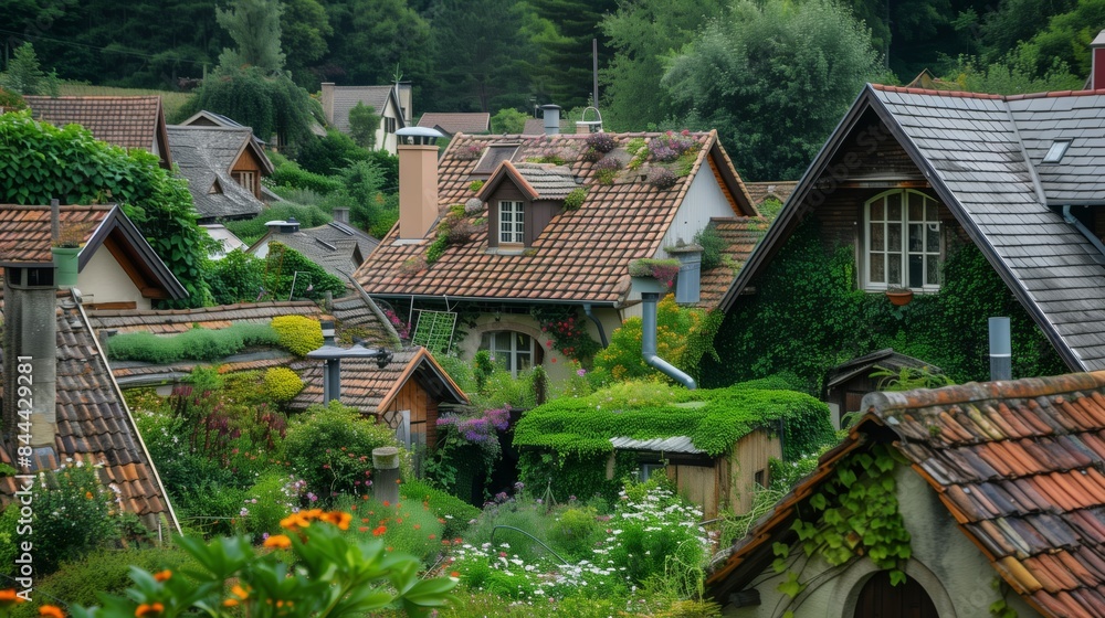 A charming village with rooftops turned lush gardens, blending nature and tradition, brightening spirits. A charming village with rooftops turned lush gardens, blending nature and tradition, brightening spirits.