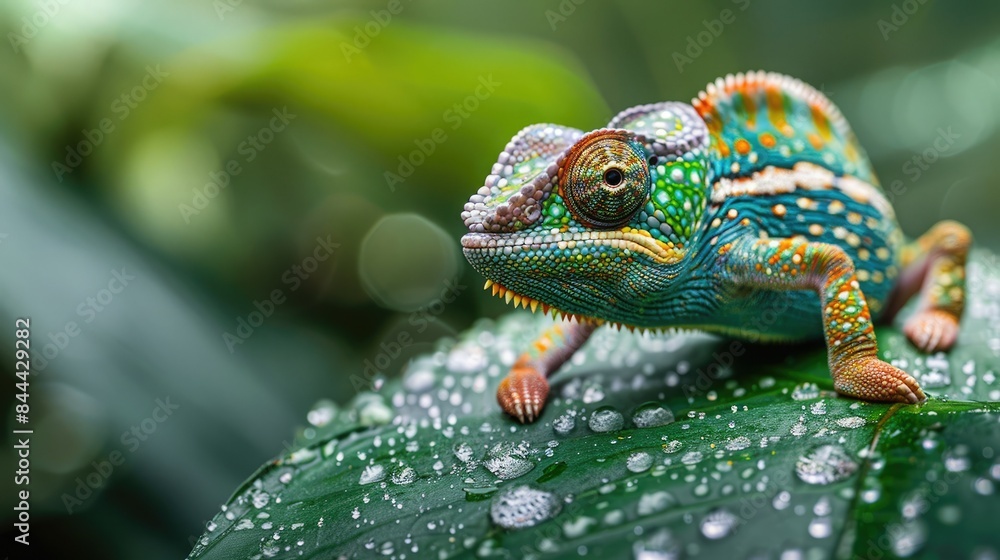 Fototapeta premium Close-up shot of a colorful chameleon sitting on a dewy leaf with a blurred natural background.