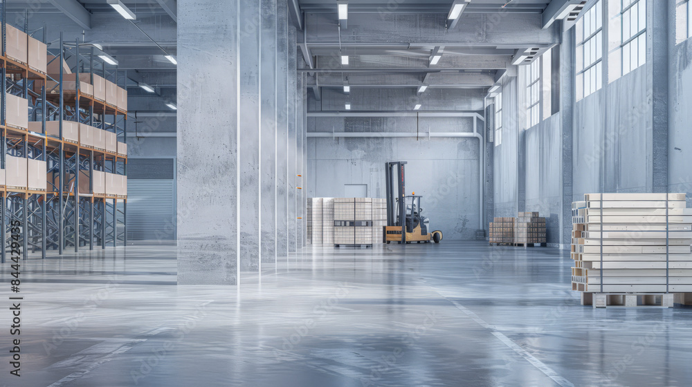 Obraz premium Industrial empty warehouse space with copyspace for text.