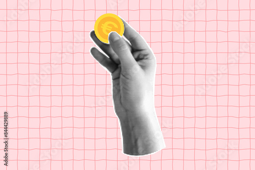 Halftone collage with a hand holding a euro coin. Banner with concept of payment and financial planning, saving, online shopping. Cut out element on a pink wavy checkered background.