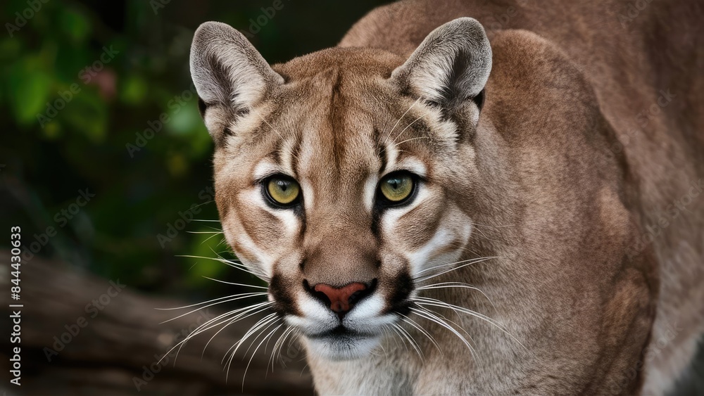 Fototapeta premium The cougar's eyes are framed by thick fur, giving it an intense and wild look