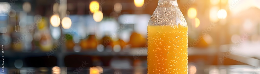 Fototapeta premium Condensation Covered Plastic Bottle of Orange Juice in Industrial Kitchen Setting