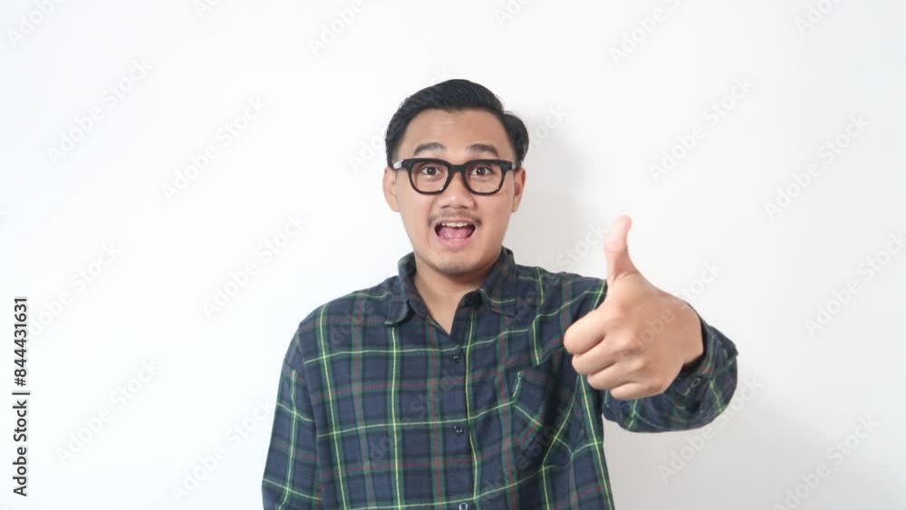 A man from Indonesia, wearing a green shirt and sunglasses, appears to be in agreement as he raises his thumb up. Isolated on a white background. A man from Indonesia, wearing a green shirt and sunglasses, appears to be in agreement as he raises his thumb up. Isolated on a white background.