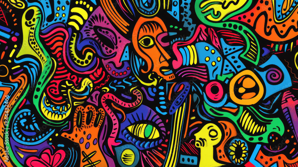 Playful Doodle Art Pattern in Vibrant Colors. Expressive and Bright Design with Vivid Colors Playful Doodle Art Pattern in Vibrant Colors. Expressive and Bright Design with Vivid Colors