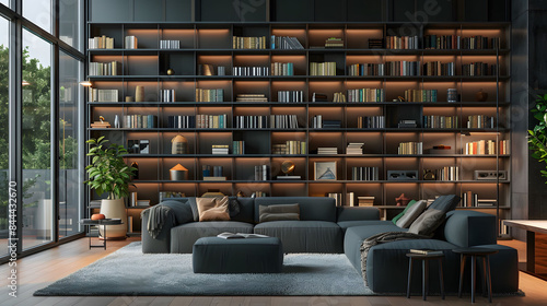 Modern Living Room with Large Bookshelf