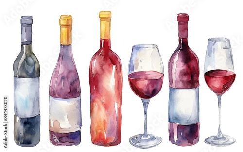 Set of watercolor wines bottle and glasses vector illustration