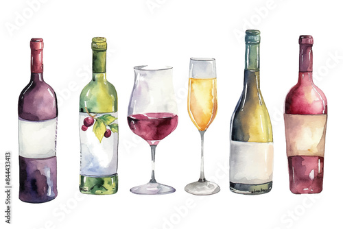 Set of watercolor wines bottle and glasses vector illustration