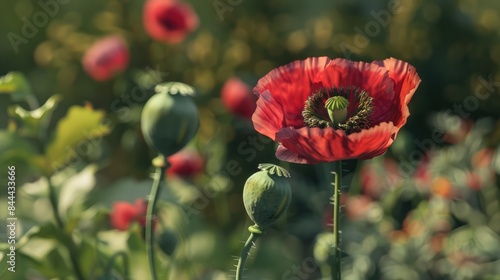 Close up of poppy capsules with a green poppy flower box in the garden and a mature poppy head photo