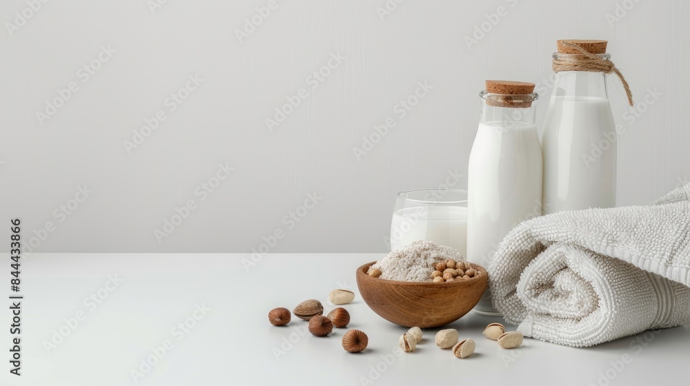 Milk filled bottle and glass towel and nut filled bowl placed on a white background with room for text Milk filled bottle and glass towel and nut filled bowl placed on a white background with room for text