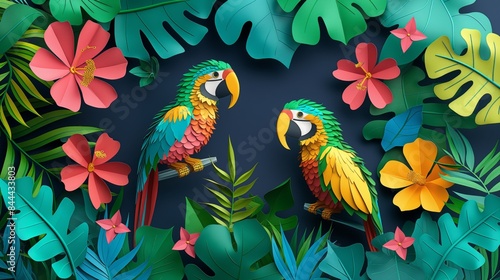 papercraft art illustration, tropical bird in lush jungle,  cute nursery animal heme, group of macaws and toucans birds photo