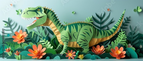 papercraft art illustration, Tyrannosaurus Rex in jungle, Jurassic era wildlife